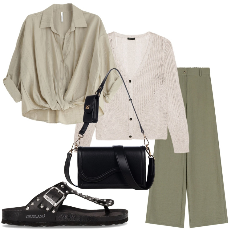 Outfit donna - Metropolitan girl. Stile Casual per Ufficio. Abbinamento con pochette, camicie, pantaloni, cardigans, infradito.