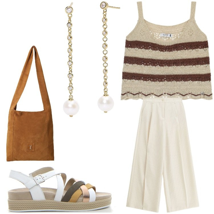 Outfit donna - A tutto sole. Stile Boho per Tutti i giorni. Abbinamento con orecchini, pantaloni a palazzo, top, borse a tracolla, sandali.