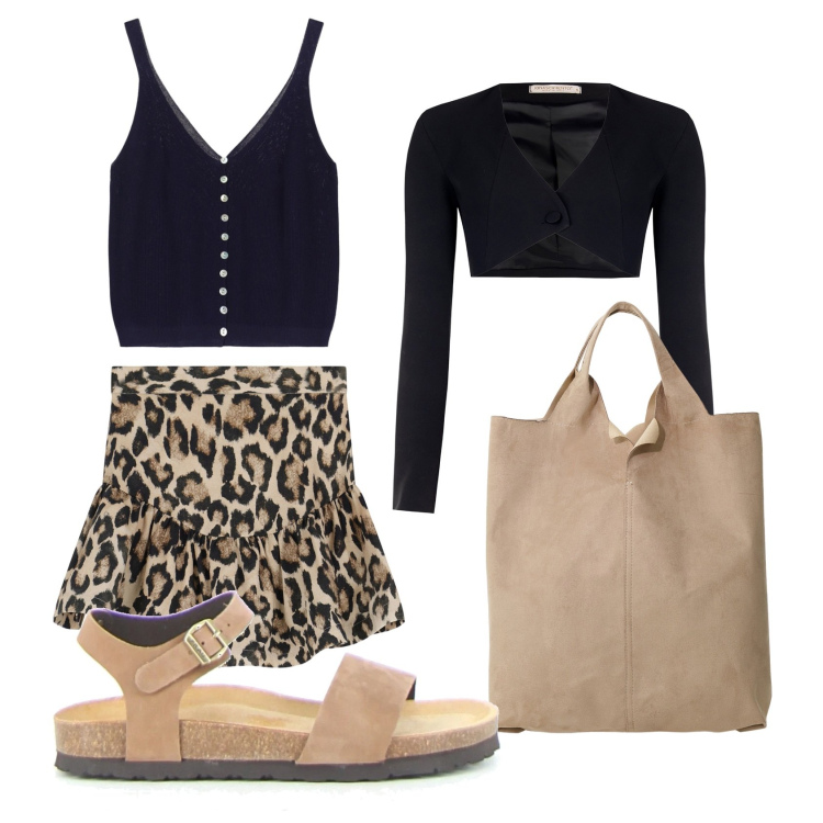 Outfit donna - La gonna leopardata. Stile Minimal per Tutti i giorni. Abbinamento con top, minigonne, shopping bag, bolero, sandali.