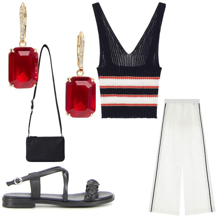 Outfit donna - Serata a righe. Stile Casual chic per Serata fuori. Abbinamento con pantaloni a palazzo, top, orecchini, borse a tracolla, sandali.