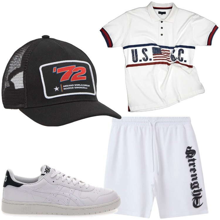 Outfit uomo - Bianco sport 72. Stile Casual per Tutti i giorni. Abbinamento con cappelli, bermuda, polo, sneakers.