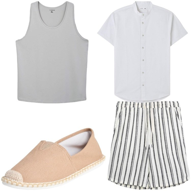 Outfit uomo - Righe. Stile Casual per Tutti i giorni. Abbinamento con espadrillas, camicie a manica corta, canottiere, pantaloni corti.