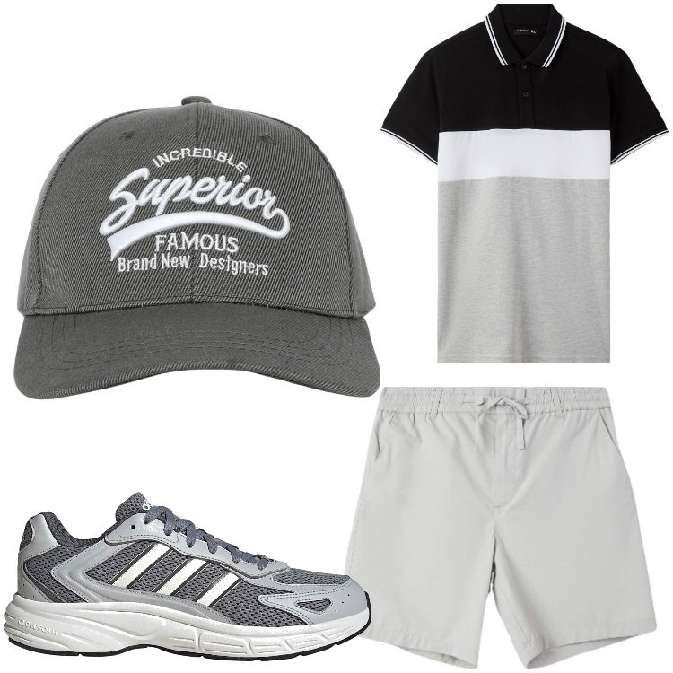 Outfit uomo - Tricolor. Stile Casual per Tutti i giorni. Abbinamento con cappelli con visiera, polo, pantaloni corti, sneakers.
