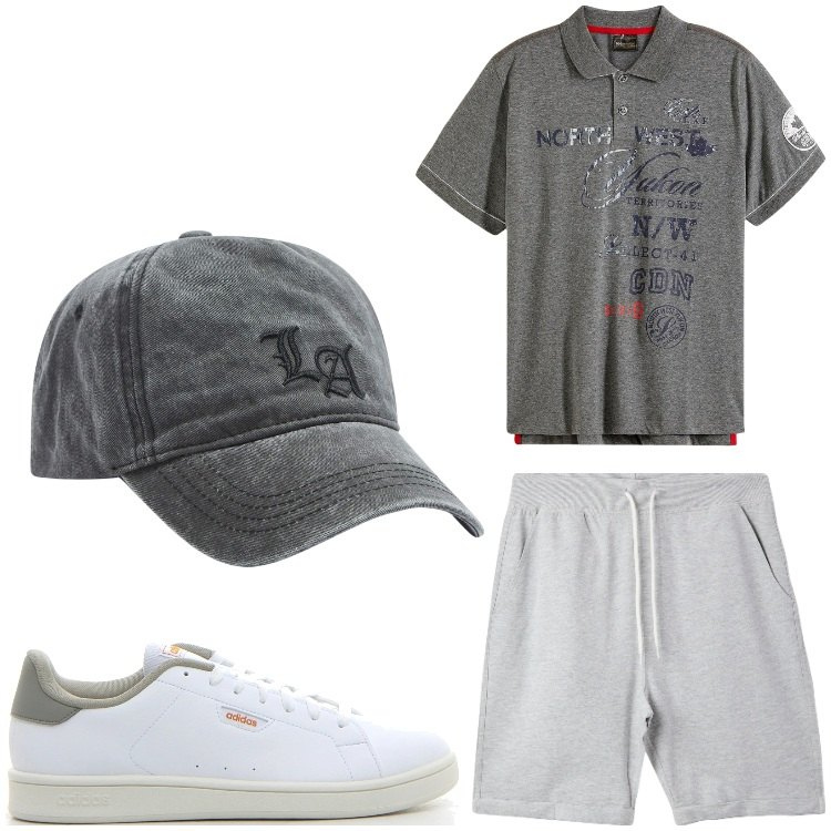 Outfit uomo - Polo e grigio. Stile Casual per Tutti i giorni. Abbinamento con polo, pantaloni corti, cappelli, sneakers.