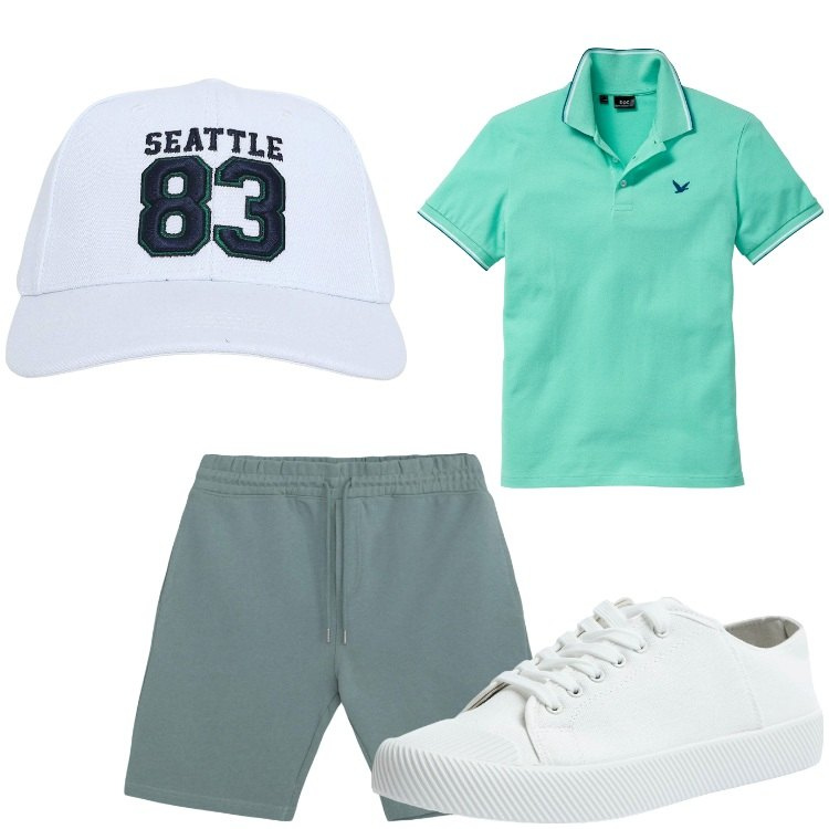 Outfit uomo - Panna e menta. Stile Casual per Tutti i giorni. Abbinamento con polo, cappelli, pantaloni corti, sneakers.