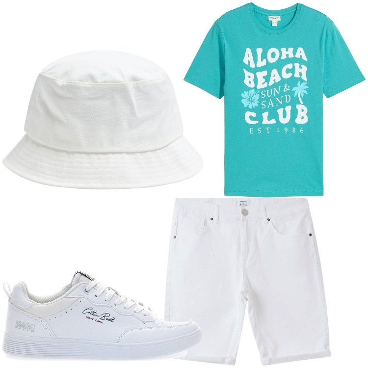 Outfit uomo - Aloha. Stile Casual per Tutti i giorni. Abbinamento con t-shirt, cappelli, bermuda, sneakers.