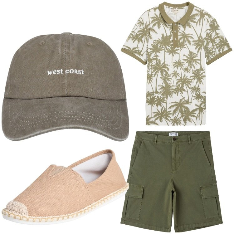 Outfit uomo - Caraibi. Stile Casual per Tutti i giorni. Abbinamento con polo, espadrillas, cappelli, bermuda.