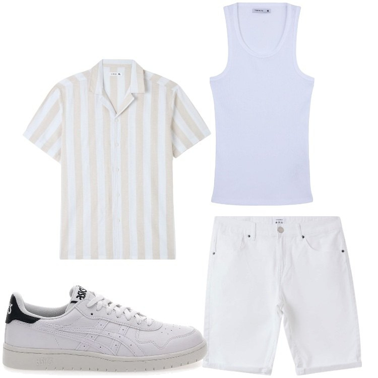 Outfit uomo - Bianco a righe. Stile Casual per Tutti i giorni. Abbinamento con camicie a manica corta, bermuda, canottiere, sneakers.