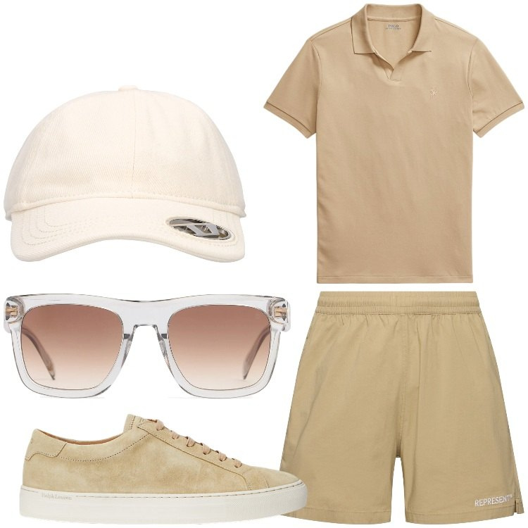 Outfit uomo - Sabbia. Stile Casual per Tutti i giorni. Abbinamento con sneakers, polo, occhiali da sole, cappelli con visiera, shorts.