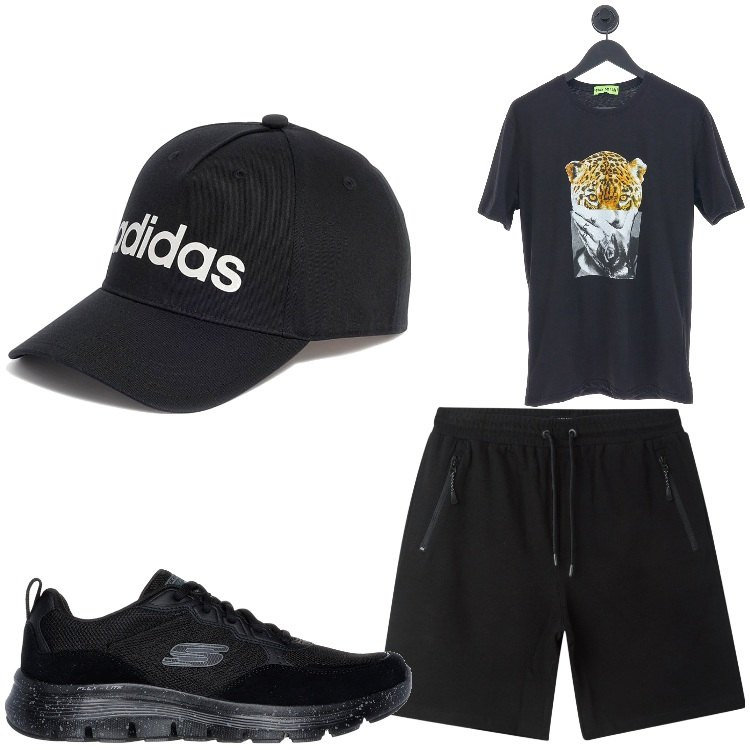 Outfit uomo - Aggressive. Stile Casual per Tutti i giorni. Abbinamento con bermuda, cappelli, sneakers, t-shirt.
