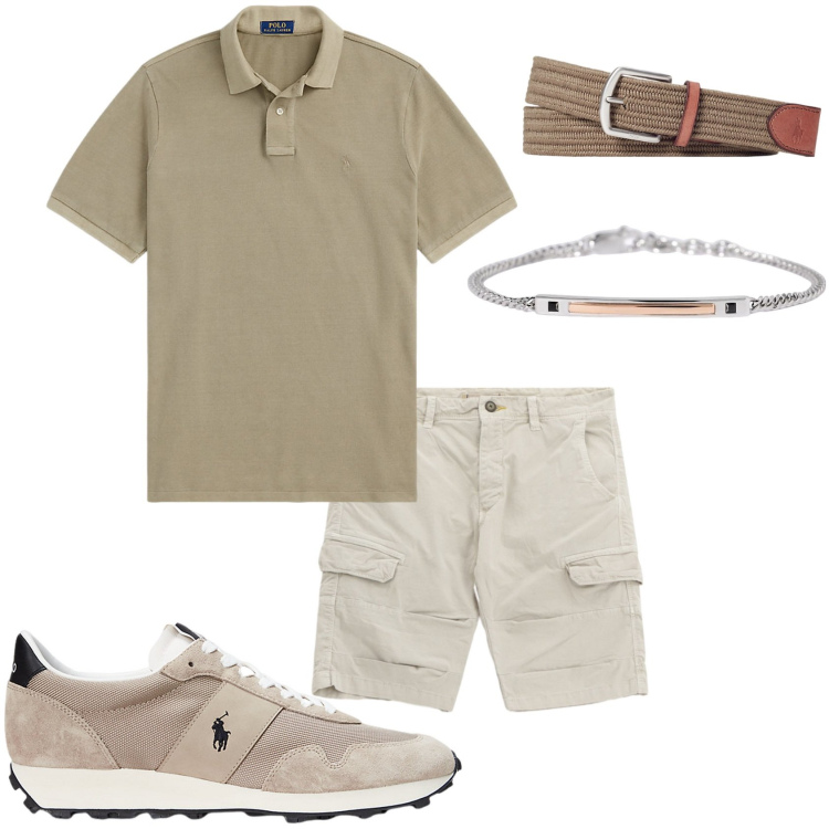Outfit uomo - La pizza serale. Stile Urban per Tutti i giorni. Abbinamento con braccialetti, bermuda, cinture, sneakers, polo.