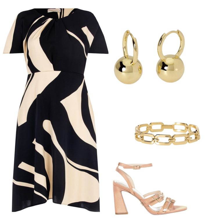 Outfit donna - Fantasia geometrica. Stile Bon Ton per Ufficio. Abbinamento con braccialetti, orecchini, sandali col tacco, vestiti corti.