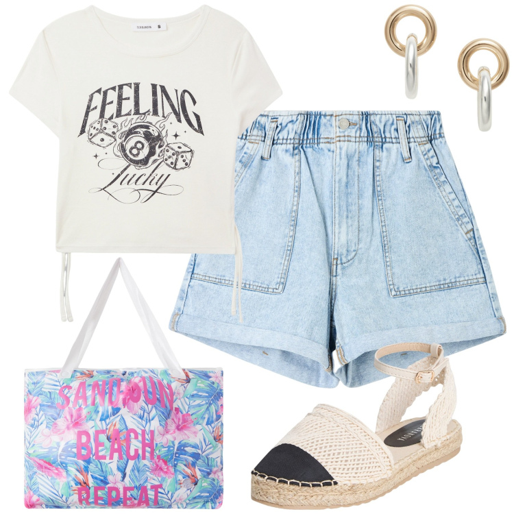 Outfit donna - Al mare. Stile Casual per Mare. Abbinamento con t-shirt, shorts, borse tote, espadrillas, orecchini.