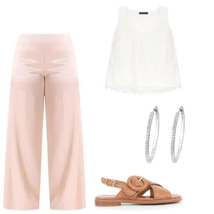 Outfit donna - Pantaloni rosa sobrio. Stile Basic per Tutti i giorni. Abbinamento con pantaloni a palazzo, orecchini, sandali, top.