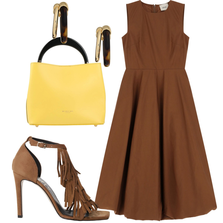 Outfit donna - City. Stile Urban per Tutti i giorni. Abbinamento con borse a mano, décolleté, vestiti midi/longuette, orecchini.