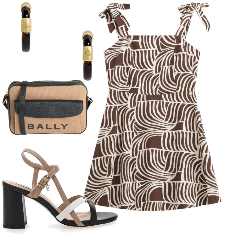 Outfit donna - Giugno. Stile Trendy per Tutti i giorni. Abbinamento con borse a tracolla, vestiti corti, orecchini, sandali col tacco.