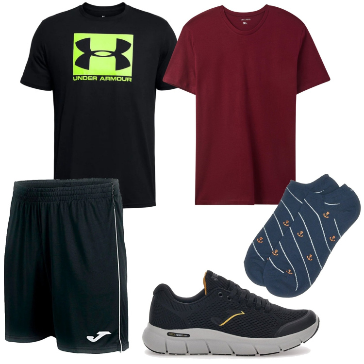 Outfit uomo - Dopo allenamento. per Sport. Abbinamento con t-shirt, pantaloni corti, sneakers, t-shirt, calzini.