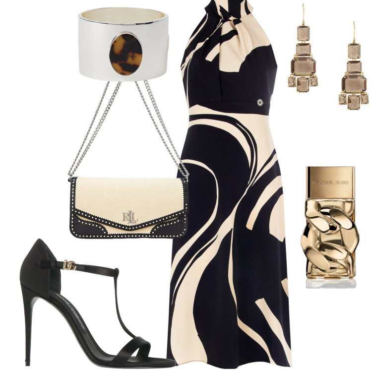 Outfit donna - Cerimonia. Stile Chic per Cerimonia. Abbinamento con sandali col tacco, profumi, vestiti midi/longuette, borse a spalla, braccialetti, orecchini.