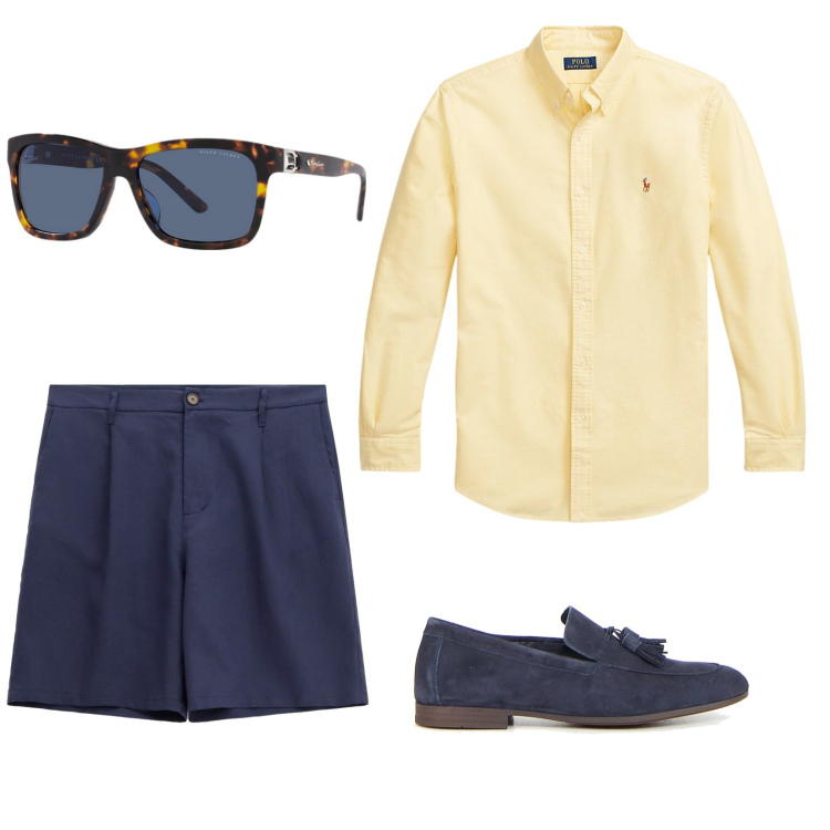 Outfit uomo - Passeggiata a porto cervo. per Mare. Abbinamento con bermuda, camicie, occhiali da sole, scarpe stringate.