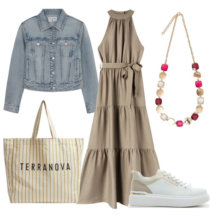 Outfit donna - Total look #2181157. Stile Trendy per Tutti i giorni. Abbinamento con vestiti lunghi, borse tote, blazer, collane, sneakers.