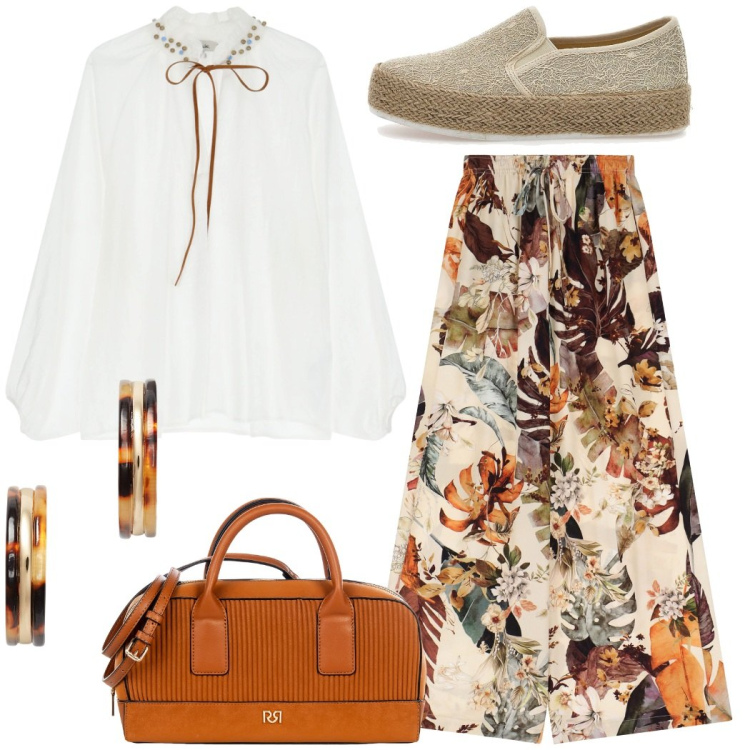 Outfit donna - Boho chic. Stile Boho per Tutti i giorni. Abbinamento con borse a mano, pantaloni a palazzo, bluse, orecchini, espadrillas.