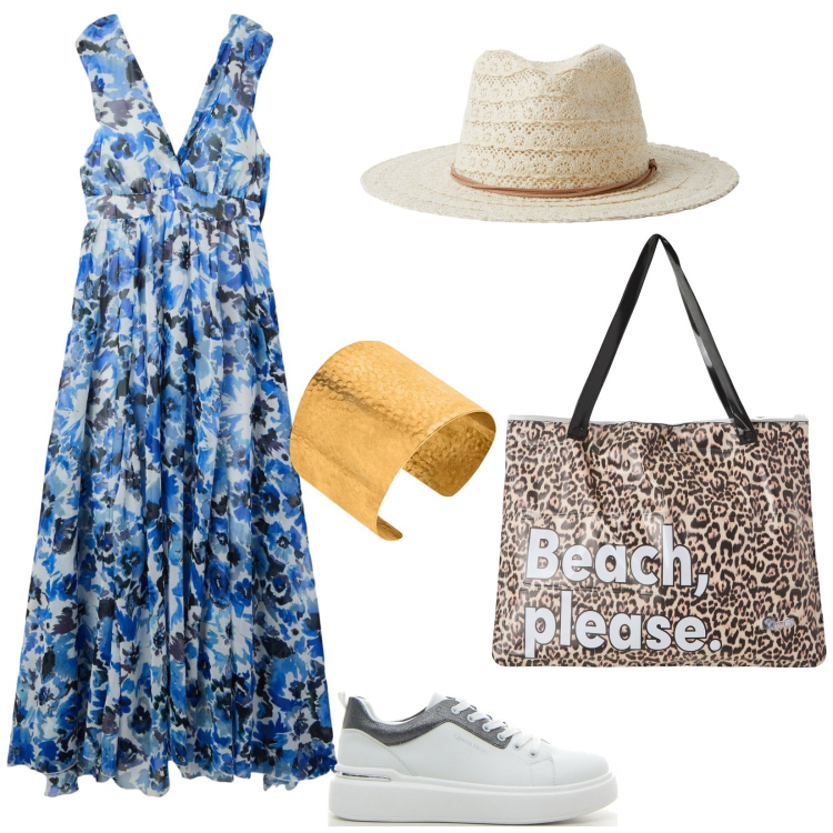 Outfit donna - Voglia di vacanze. Stile Trendy per Tutti i giorni. Abbinamento con vestiti lunghi, borse tote, cappelli, sneakers, braccialetti.