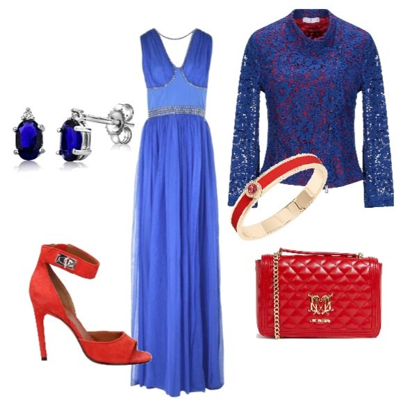 Outfit donna - Chic #18563. Stile Chic per Cerimonia. Abbinamento con vestito jersey, giacca con pizzo fantasia collo tondo a maniche lunghe con zip interno foderato monopetto, sandali rosso, bracciale, borsa a tracolla, orecchini in oro bianco certificato autenticità blu.