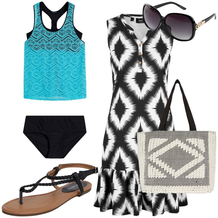 Outfit donna - In spiaggia. Stile Casual per Mare. Abbinamento con vestiti, costumi interi, occhiali da sole, ciabatte, shopping bag.