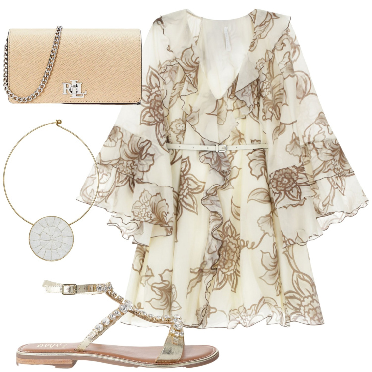 Outfit donna - Maniche a campana. Stile Trendy per Tutti i giorni. Abbinamento con collane, vestiti corti, borse a tracolla, sandali.