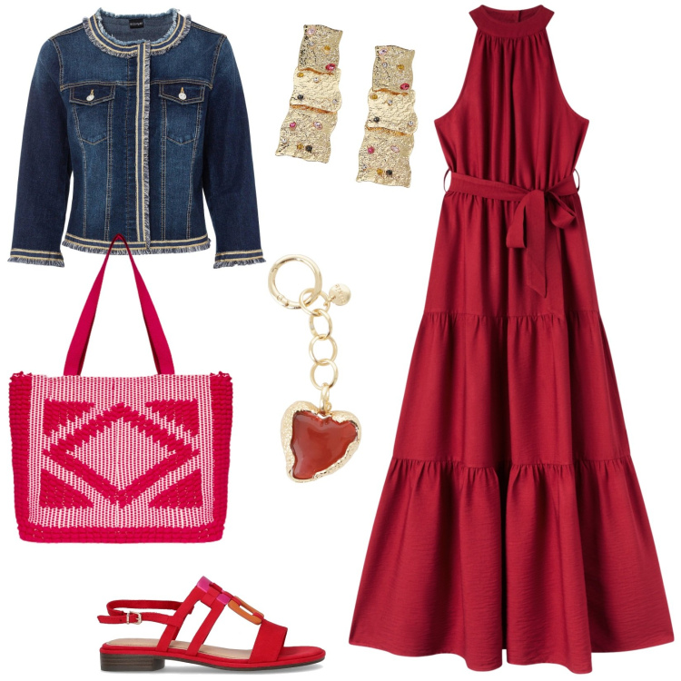Outfit donna - Maxi Summer Dress. Stile Boho per Tutti i giorni. Abbinamento con blazer, vestiti lunghi, orecchini, ciondoli, borse a mano, sandali.