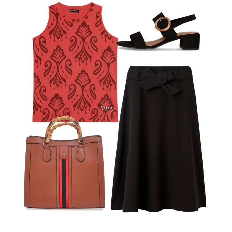 Outfit donna - Ufficio. Stile Bon Ton per Ufficio. Abbinamento con gonne lunghe, canottiere, borse a tracolla, sandali col tacco.