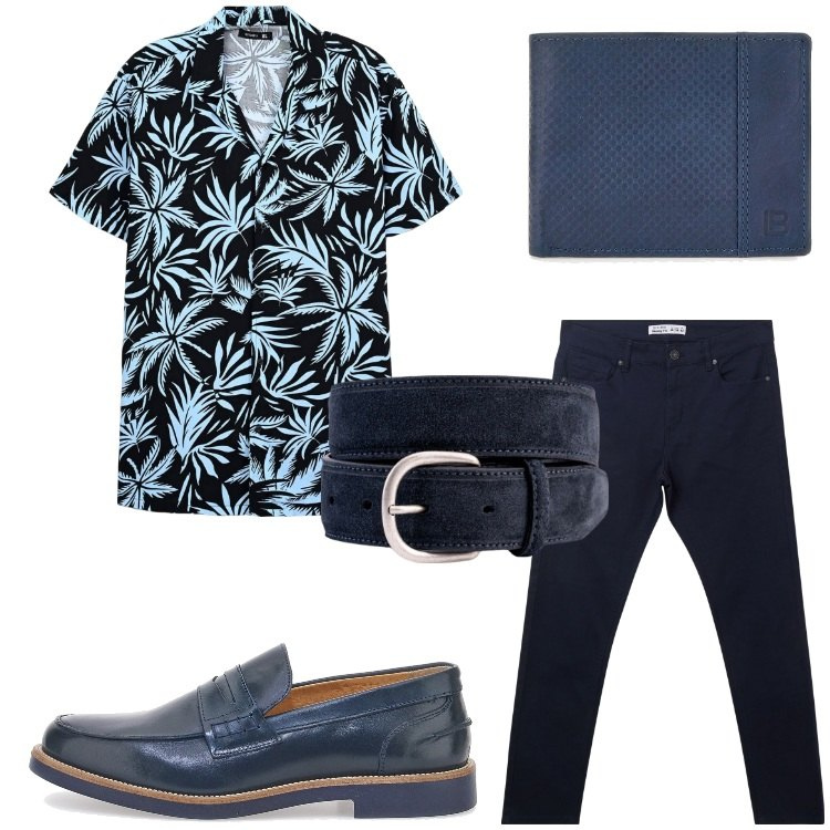 Outfit uomo - Lo spritz con gli amici. Stile Trendy per Serata speciale. Abbinamento con pantaloni skinny, camicie a manica corta, portafogli, scarpe stringate, cinture.