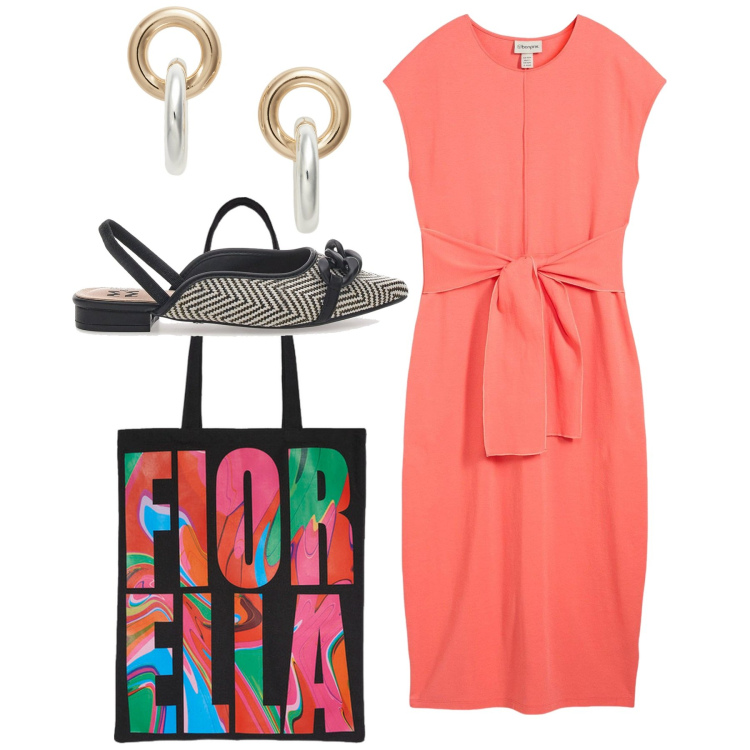 Outfit donna - Fiorella. Stile Bon Ton per Ufficio. Abbinamento con vestiti, orecchini, ballerine, borse tote.
