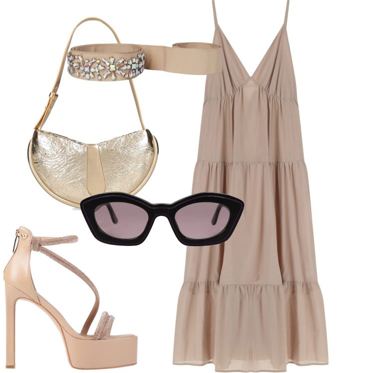 Outfit donna - Serata. Stile Trendy per Serata fuori. Abbinamento con sandali col tacco, occhiali da sole, vestiti lunghi, cinture, borse a spalla.