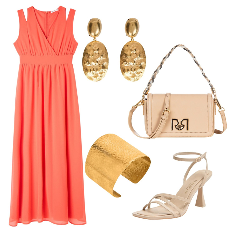 Outfit donna - Total look #2181177. Stile Casual chic per Serata fuori. Abbinamento con sandali col tacco, vestiti lunghi, borse a tracolla, orecchini, braccialetti.