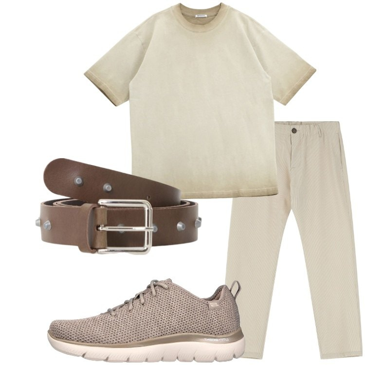 Outfit uomo - Colore sabbia. Stile Casual per Tutti i giorni. Abbinamento con pantaloni, cinture, t-shirt, sneakers.