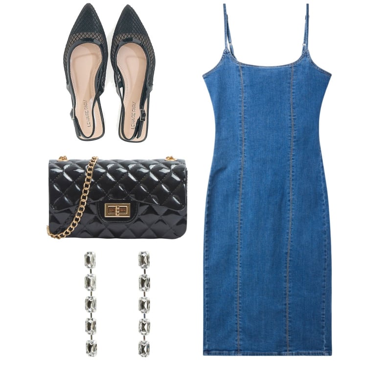 Outfit donna - Tubino denim. Stile Bon Ton per Serata fuori. Abbinamento con borse a tracolla, vestiti a tubino, orecchini, ballerine.