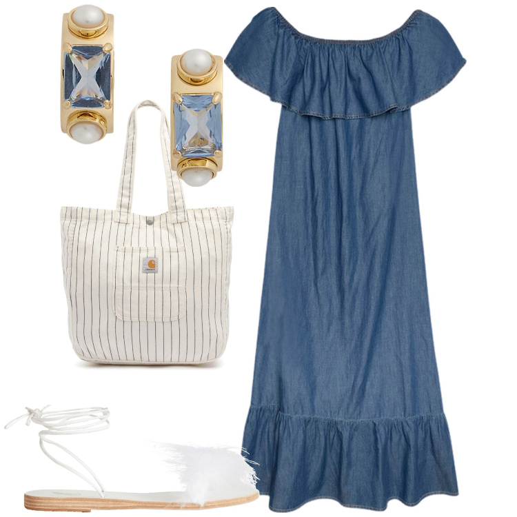 Outfit donna - Maxi dress. Stile Casual chic per Tutti i giorni. Abbinamento con sandali in pelle, orecchini, vestiti lunghi, borse tote.