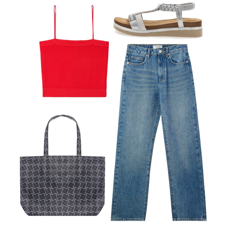 Outfit donna - Rilàssati. Stile Bon Ton per Tutti i giorni. Abbinamento con top, jeans dritti, sandali, shopping bag.
