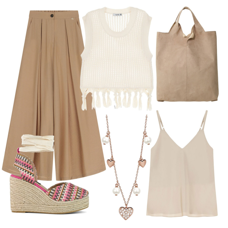 Outfit donna - Total look #2181185. Stile Boho per Tutti i giorni. Abbinamento con collane, maglieria, pantaloni, top, shopping bag, zeppe.