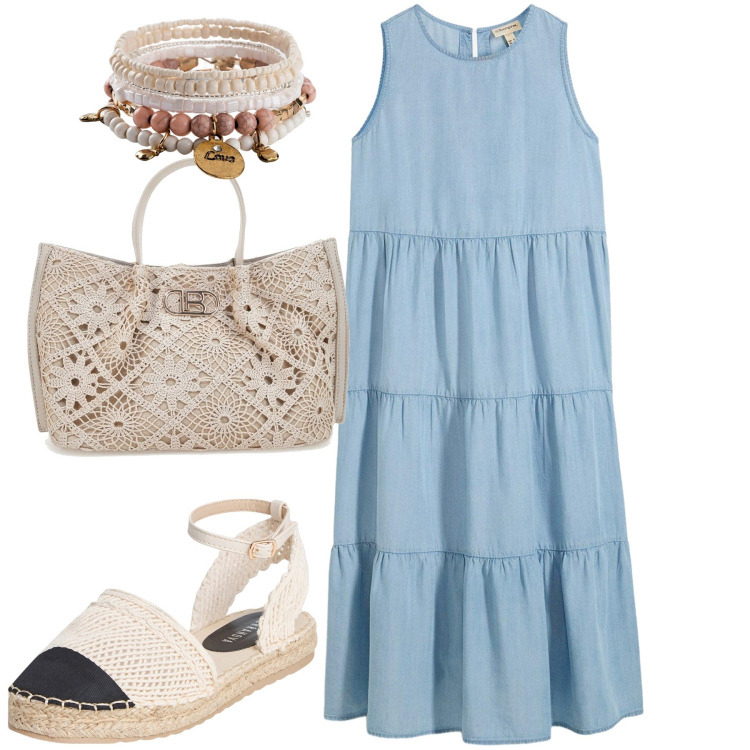 Outfit donna - Denim e corda. Stile Casual per Tutti i giorni. Abbinamento con braccialetti, vestiti midi/longuette, espadrillas, borse a tracolla.