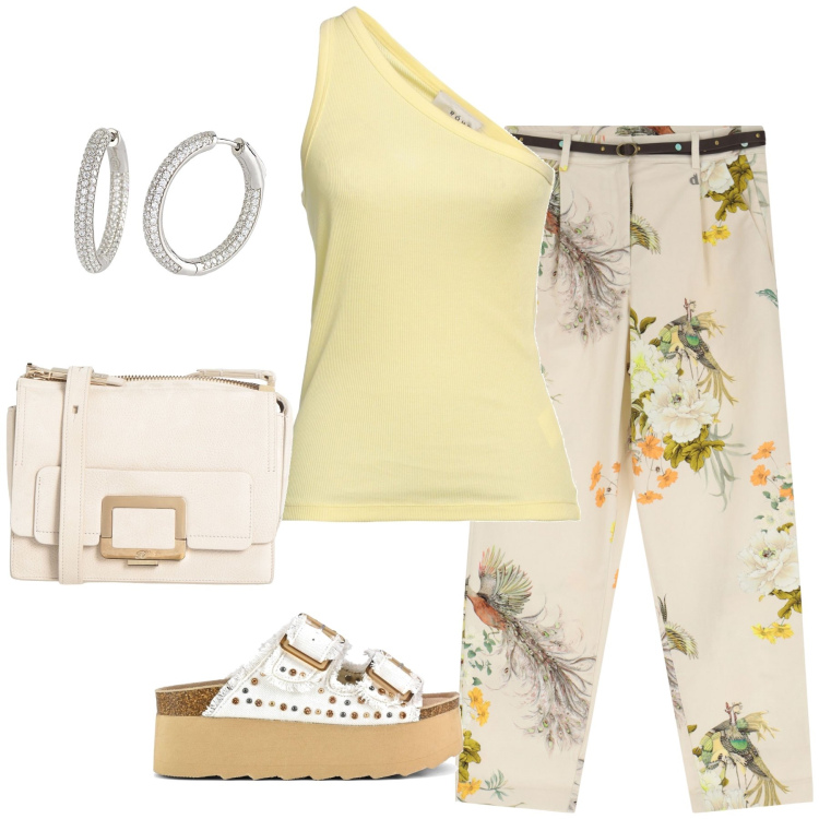 Outfit donna - Total look #2181189. Stile Chic per Tutti i giorni. Abbinamento con top, borse a tracolla, orecchini, pantaloni chino, sandali.