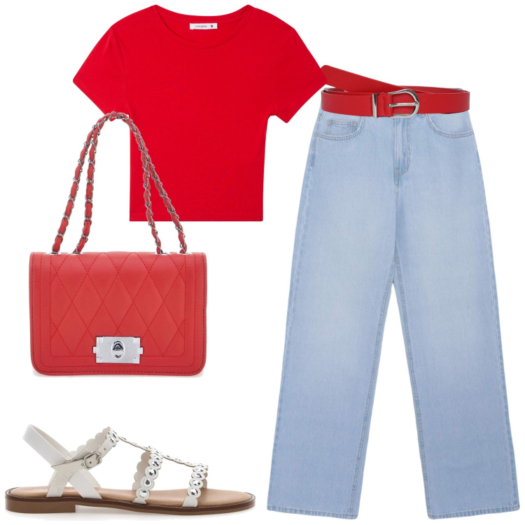 Outfit donna - City. Stile Casual per Tutti i giorni. Abbinamento con jeans, t-shirt, cinture, sandali, borse a tracolla.
