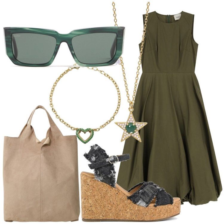 Outfit donna - Fine settimana al mare. Stile Boho per Tutti i giorni. Abbinamento con braccialetti, collane, vestiti midi/longuette, shopping bag, zeppe, occhiali da sole.
