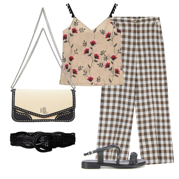 Outfit donna - Total look #2181195. Stile Chic per Tutti i giorni. Abbinamento con cinture, borse a spalla, top, pantaloni, sandali.