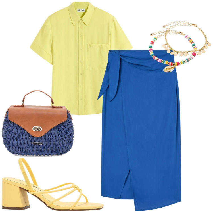 Outfit donna - Giallo e blu. Stile Urban per Tutti i giorni. Abbinamento con sandali col tacco, camicie, braccialetti con ciondoli, gonne lunghe, borse a tracolla.