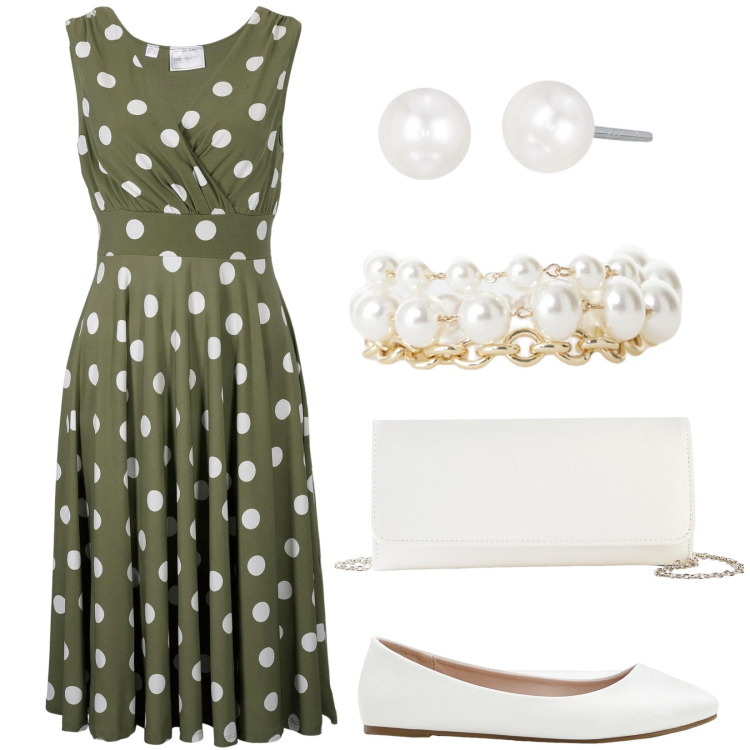 Outfit donna - Abito a pois. Stile Vintage retrò per Serata fuori. Abbinamento con vestiti, ballerine, pochette, orecchini, braccialetti.