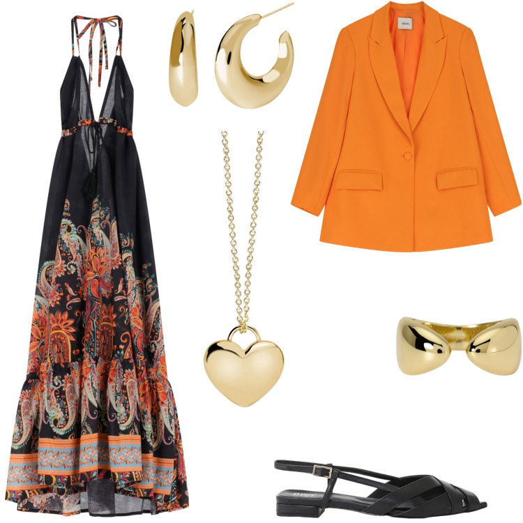 Outfit donna - Maxi Summer Dress. Stile Boho per Serata fuori. Abbinamento con collane, anelli, orecchini, vestiti lunghi, sandali, blazer.