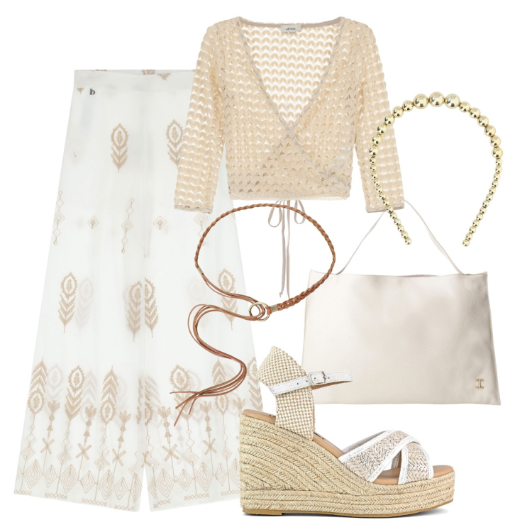 Outfit donna - Positano white. Stile Boho per Tutti i giorni. Abbinamento con borse a spalla, top, pantaloni, cerchietti, cinture, zeppe.