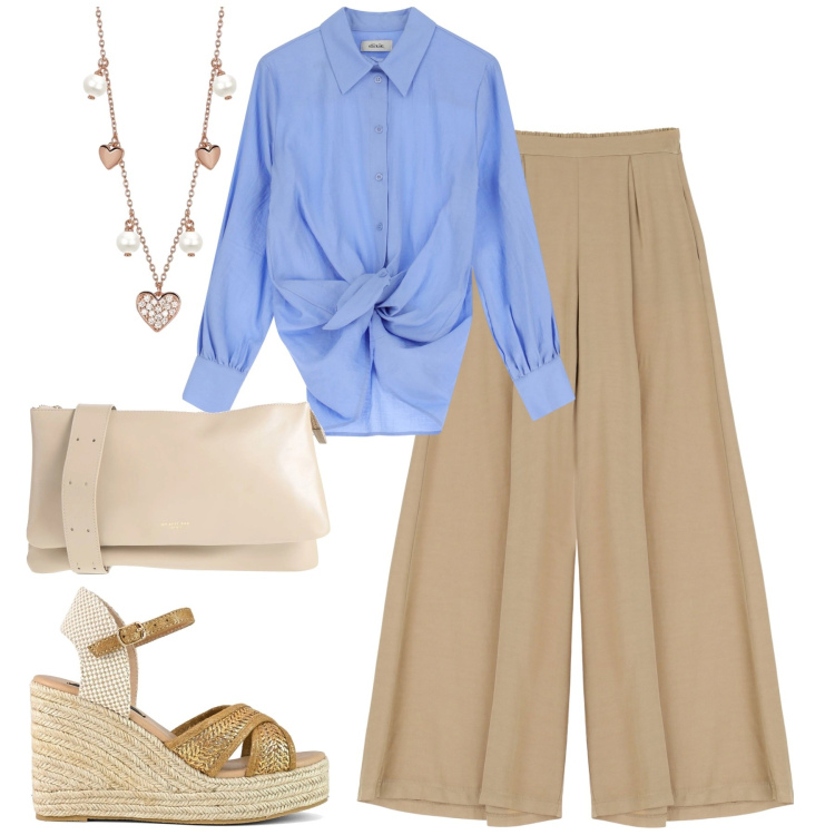 Outfit donna - City. Stile Urban per Tutti i giorni. Abbinamento con borse a tracolla, collane, camicie, pantaloni, zeppe.